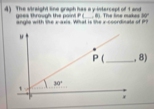 The straight line graph has a y-intercept of 1 and
goes through the point P (_ , 8). The line makes 30°
angle with the x-axis. What is the x-coordinats of P?