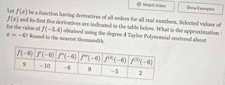 Watch Video Show Examples
Let f(x) be a function having derivatives of all orders for all real numbers. Selected values of
f(x) and its first five derivatives are indicated in the table below. What is the approximation
for the value of f(-5.4) obtained using the degree 4 Taylor Polynomial centered about
x=-6 ? Round to the nearest thousandth.