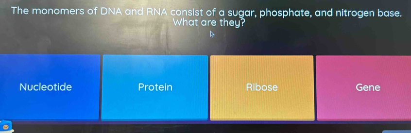 The monomers of DNA and RNA consist of a sugar, phosphate, and nitrogen base.
What are they?
Nucleotide Protein Ribose Gene