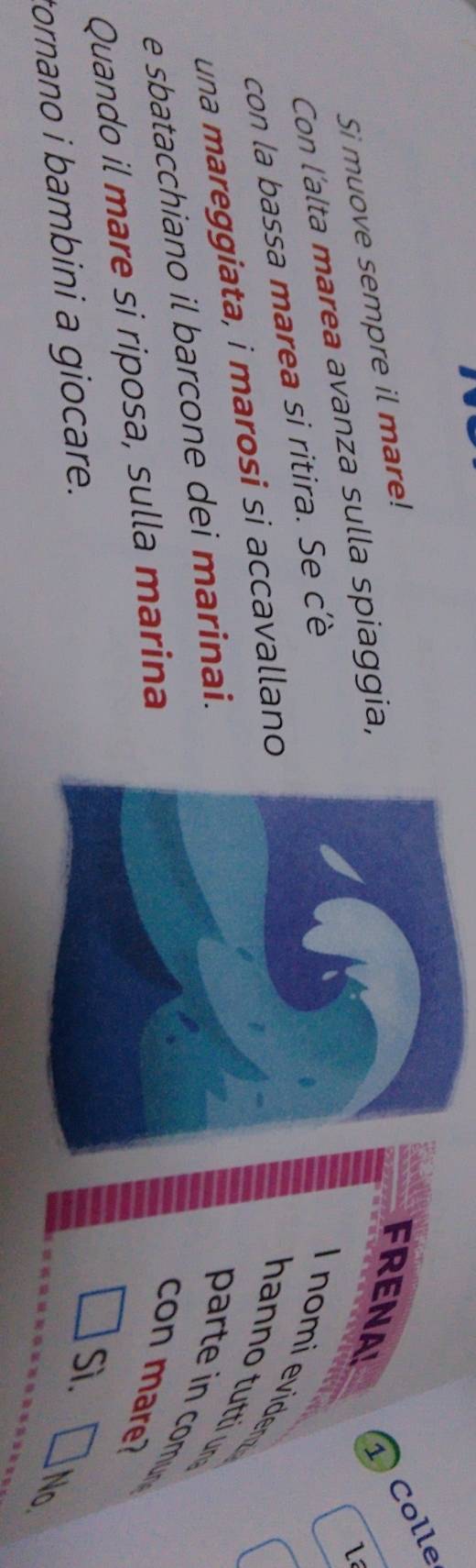 Si muove sempre il mare! 
FRENA! 1 Colle 
Con l'alta marea avanza sulla spiaggia, 
con la bassa marea si ritira. Se c'è I nomi evidenz 
una mareggiata, i marosi si accavallano 
h a t 
e sbatacchiano il barcone dei marinai. 
parte in cm
Quando il mare si riposa, sulla marina 
con mare? 
tornano i bambini a giocare. 
Sì. 
N