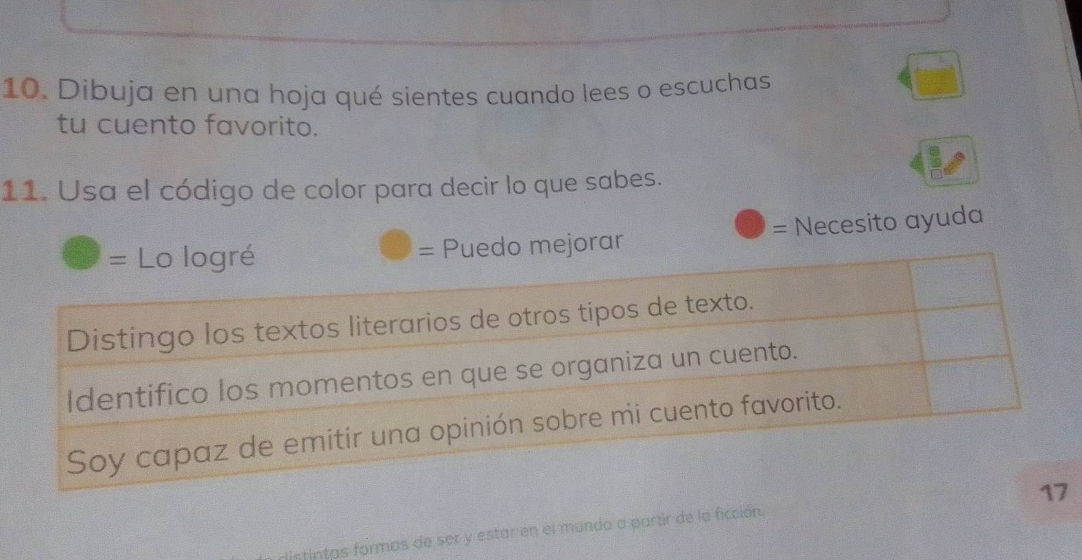 Dibuja en una hoja qué sientes cuando lees o escuchas
tu cuento favorito.
11. Usa el código de color para decir lo que sabes.
= Lo logré Puedo mejorar = Necesito ayuda
Distingo los textos literarios de otros tipos de texto.
Identifico los momentos en que se organiza un cuento.
Soy capaz de emitir una opinión sobre mi cuento favorito.
17
stintas formos de ser y estar en el mundo a partir de la ficción.