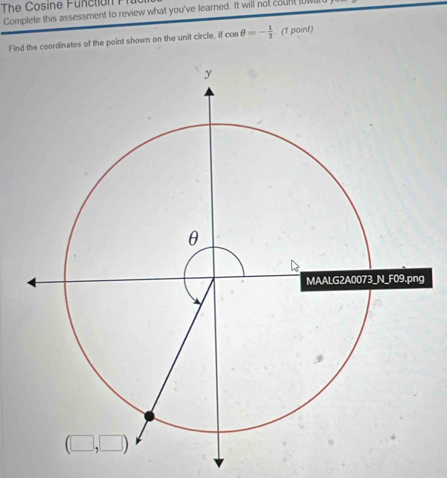 The Cosine Function Fr
Complete this assessment to review what you've learned. It will not count towa
Find the coordinates of the point shown on the unit circle, if cos θ =- 1/2 . (1 point)