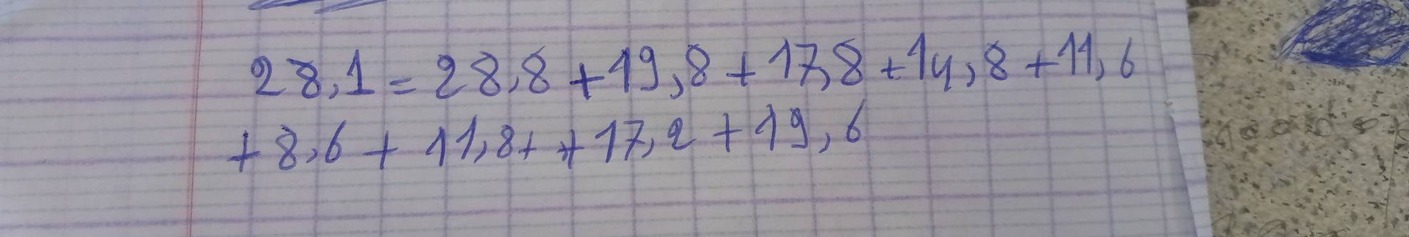 28,1=28,8+49,8+17,8+14,8+11,6
+8.6+11,8++17,2+19,6