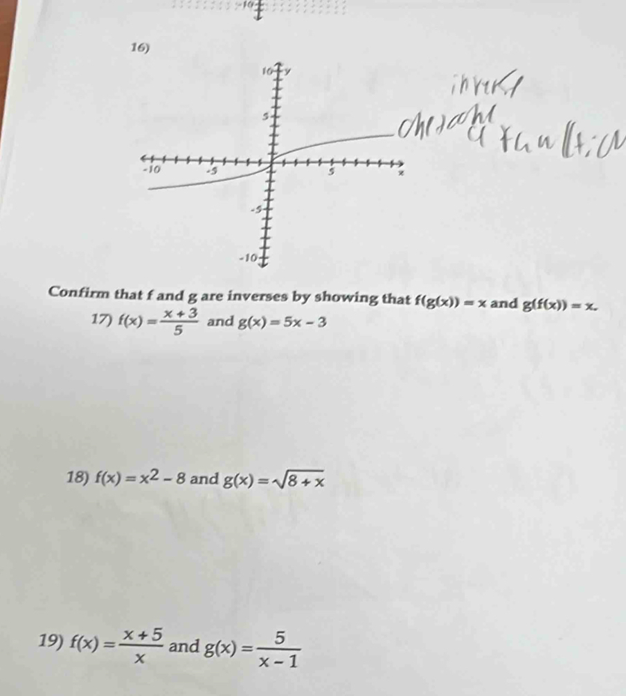 Confirm that f and g are inverses by showing that f(g(x))=x and g(f(x))=x. 
17) f(x)= (x+3)/5  and g(x)=5x-3
18) f(x)=x^2-8 and g(x)=sqrt(8+x)
19) f(x)= (x+5)/x  and g(x)= 5/x-1 