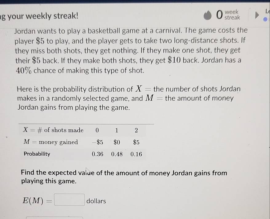 week
g your weekly streak! streak
Jordan wants to play a basketball game at a carnival. The game costs the
player $5 to play, and the player gets to take two long-distance shots. If
they miss both shots, they get nothing. If they make one shot, they get
their $5 back. If they make both shots, they get $10 back. Jordan has a
40% chance of making this type of shot.
Here is the probability distribution of X= the number of shots Jordan
makes in a randomly selected game, and M= the amount of money
Jordan gains from playing the game.
Find the expected valde of the amount of money Jordan gains from
playing this game.
E(M)=□ 1 dollars