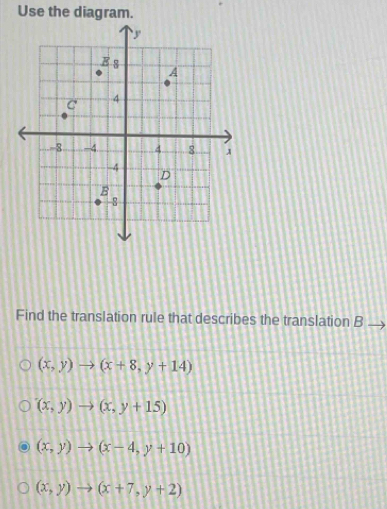 Use the diagram.
Find the translation rule that describes the translation B
(x,y)to (x+8,y+14)
(x,y)to (x,y+15)
(x,y)to (x-4,y+10)
(x,y)to (x+7,y+2)