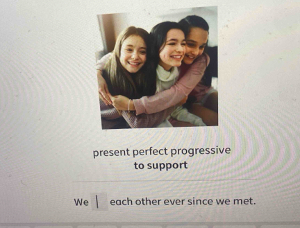 present perfect progressive 
to support 
We each other ever since we met.