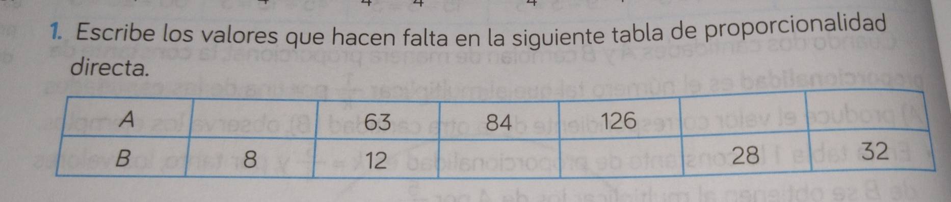 Escribe los valores que hacen falta en la siguiente tabla de proporcionalidad 
directa.