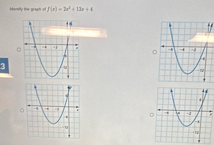 Identify the graph of f(x)=2x^2+12x+4. 
3