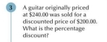 A guitar originally priced at $240,00 was sold for a 
discounted price of $200.00. 
What is the percentage discount?