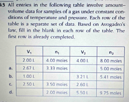 All entries in the following table involve amount-
volume data for samples of a gas under constant con-
ditions of temperature and pressure. Each row of the
table is a separate set of data. Based on Avogadro's
law, fill in the blank in each row of the table. The
first row is already completed.