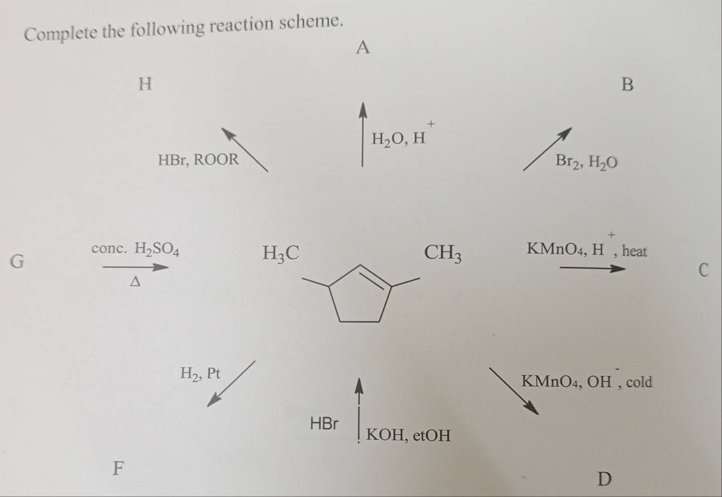 Complete the following reaction scheme.
A
H
B
H_2O, H
HBr, ROOR Br_2, H_2O
+ 
G 
conc. H_2SO_4 MnO_4, H , heat
H_3C
CH_3
KN^(C
H_2), Pt
KMnO₄, OH , cold
HBr KOH, etOH 
F
D