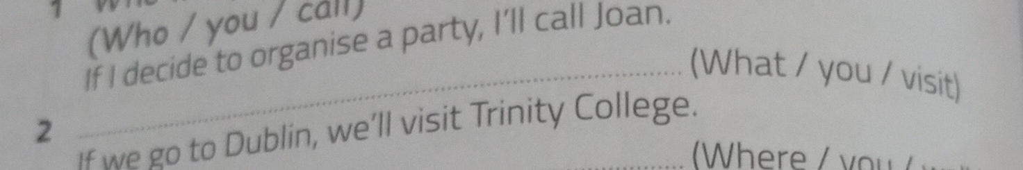 1 
(Who / you / call) 
If I decide to organise a party, I’ll call Joan. 
_(What / you / visit) 
2 
If we go to Dublin, we’ll visit Trinity College.