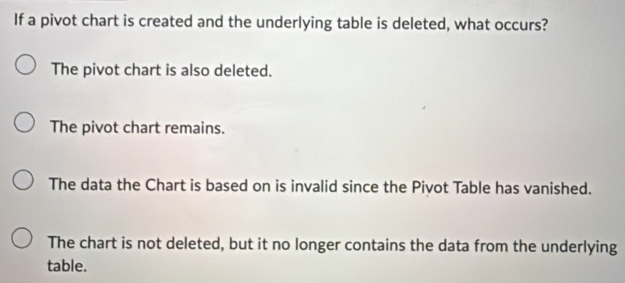Solved: If a pivot chart is created and the underlying table is deleted ...