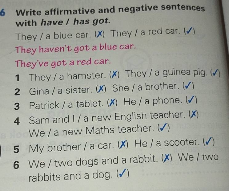 Write affirmative and negative sentences 
with have / has got. 
They / a blue car. (✗) They / a red car. (√) 
They haven't got a blue car. 
They've got a red car. 
1 They / a hamster. (✗) They / a guinea pig. (√) 
2 Gina / a sister. (✗) She / a brother. ( 
3 Patrick / a tablet. (✗) He / a phone. ( ) 
4 Sam and I / a new English teacher. ( 
We / a new Maths teacher. ( 
5 My brother / a car. (✗) He / a scooter. ( 
6 We / two dogs and a rabbit. (✗) We / two 
rabbits and a dog. (✔)