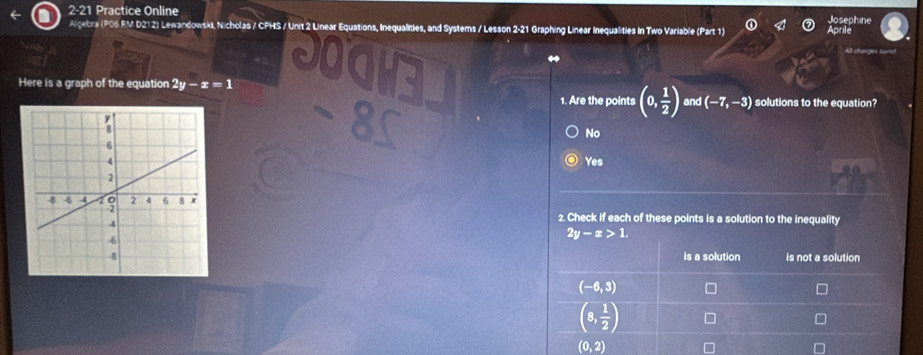 2-21 Practice Online Josephine
Algebra (P06 RM D212) Lewandowski, Nicholas / CPHS / Unit 2 Linear Equations, Inequalities, and Systems / Lesson 2-21 Graphing Linear Inequalities in Two Variable (Part 1) Aprile
Here is a graph of the equation 2y-x=1
1. Are the points (0, 1/2 ) and (-7,-3) solutions to the equation?
No
Yes
2. Check if each of these points is a solution to the inequality
2y-x>1.
is a solution is not a solution
(-6,3)
(8, 1/2 )
(0,2)