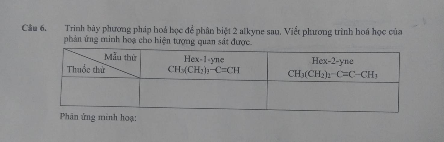 Trình bày phương pháp hoá học để phân biệt 2 alkyne sau. Viết phương trình hoá học của
phản ứng minh hoạ cho hiện tượng quan sát được.
Phản ứng minh hoạ: