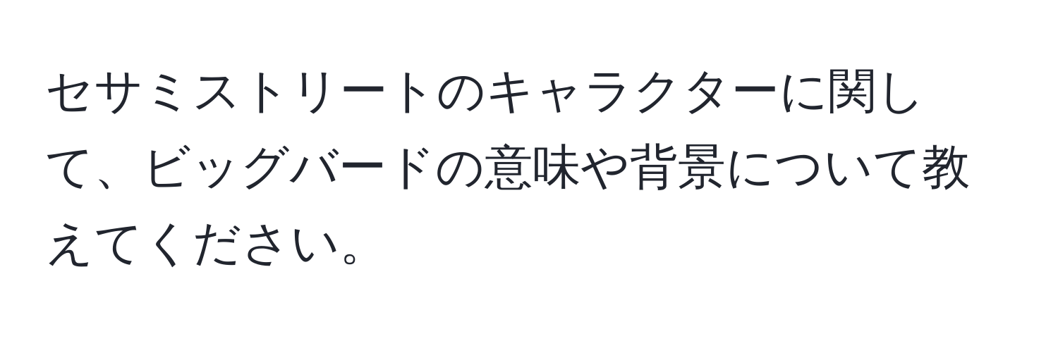 セサミストリートのキャラクターに関して、ビッグバードの意味や背景について教えてください。