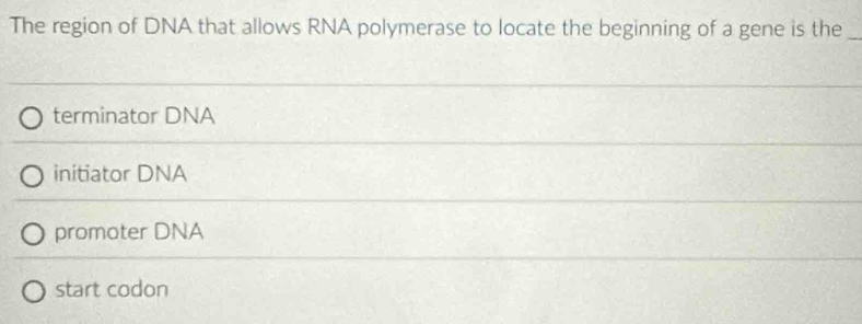 The region of DNA that allows RNA polymerase to locate the beginning of a gene is the_
terminator DNA
initiator DNA
promoter DNA
start codon