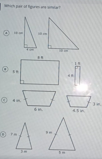 Which pair of figures are similar? 
A
1 ft
B
4 ft
c 
D