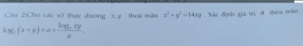 Cho các số thực dương x, y thoá mãn x^2+y^2=14xy Xác định giá trị # thòa mãn
log _2(x+y)=a+frac log _2xya.