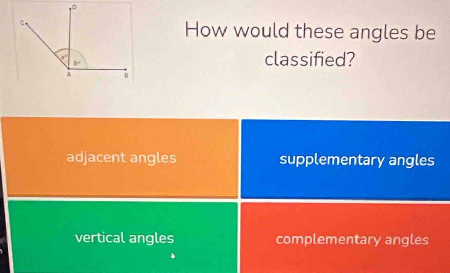 How would these angles be
classified?
adjacent angles supplementary angles
vertical angles complementary angles