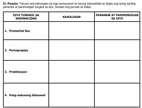 Panuto: Tukuyin ang kahulugan ng mga sumusunod na isyung sekswalidad at ibigay ang iyong sariling 
pananaw at paninindigan tungkol sa isyu. Sundan ang pormat sa ibaba. 
N 
1 
2 
4