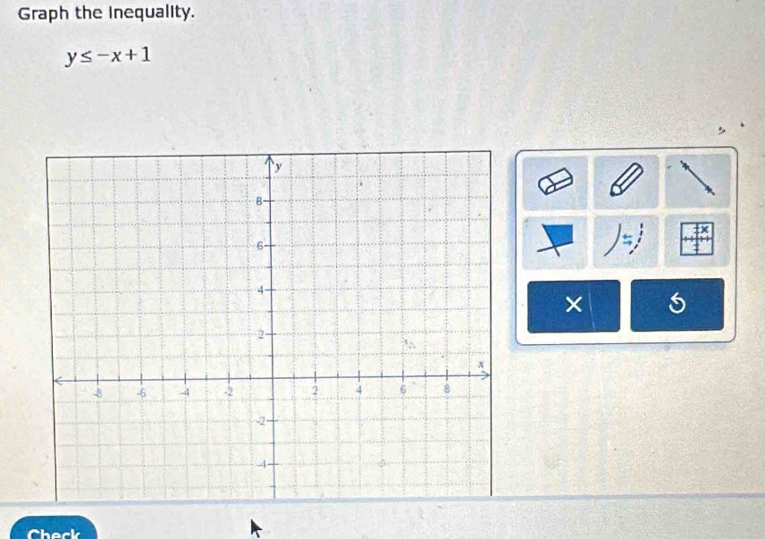 Graph the Inequality.
y≤ -x+1

× 
Check