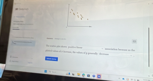 Deta von 
. 
. 


. .. 
Anewer — — 
、 
The watter plot shows positive linear association because as the 
ploned values of 2 increase, the values of y generally decrease 
__ 
A