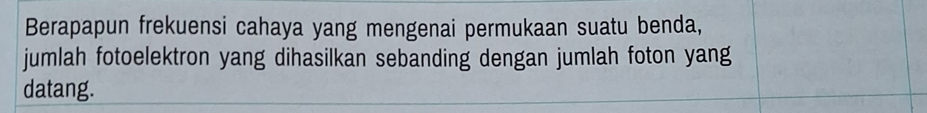 Berapapun frekuensi cahaya yang mengenai permukaan suatu benda, 
jumlah fotoelektron yang dihasilkan sebanding dengan jumlah foton yang 
datang.