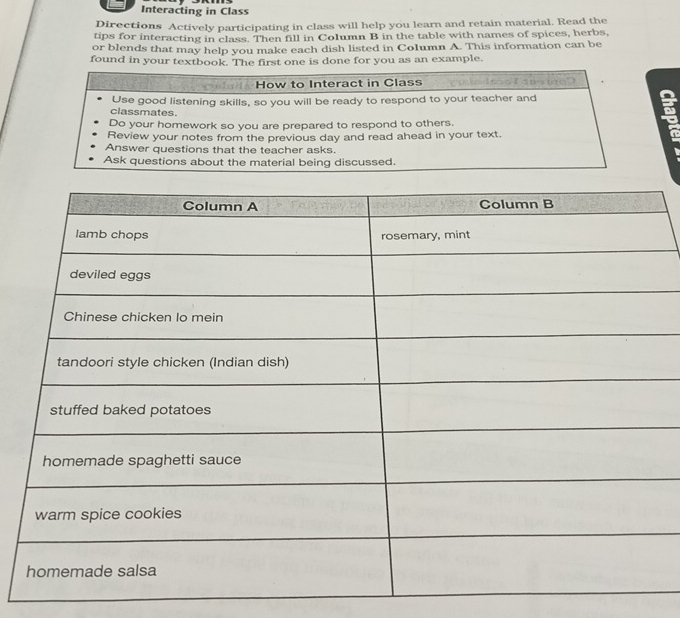 Interacting in Class 
Directions Actively participating in class will help you learn and retain material. Read the 
tips for interacting in class. Then fill in Column B in the table with names of spices, herbs, 
or blends that may help you make each dish listed in Column A. This information can be 
found in your textbook. The first one is done for you as an example.