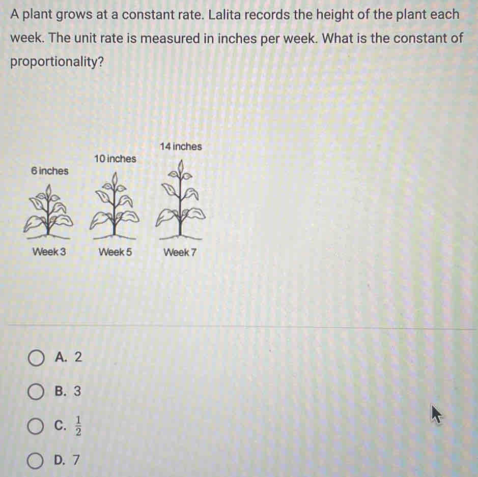 A plant grows at a constant rate. Lalita records the height of the plant each
week. The unit rate is measured in inches per week. What is the constant of
proportionality?
14 inches
10 inches
6 inches
Week 3 Week 5 Week 7
A. 2
B. 3
C.  1/2 
D. 7