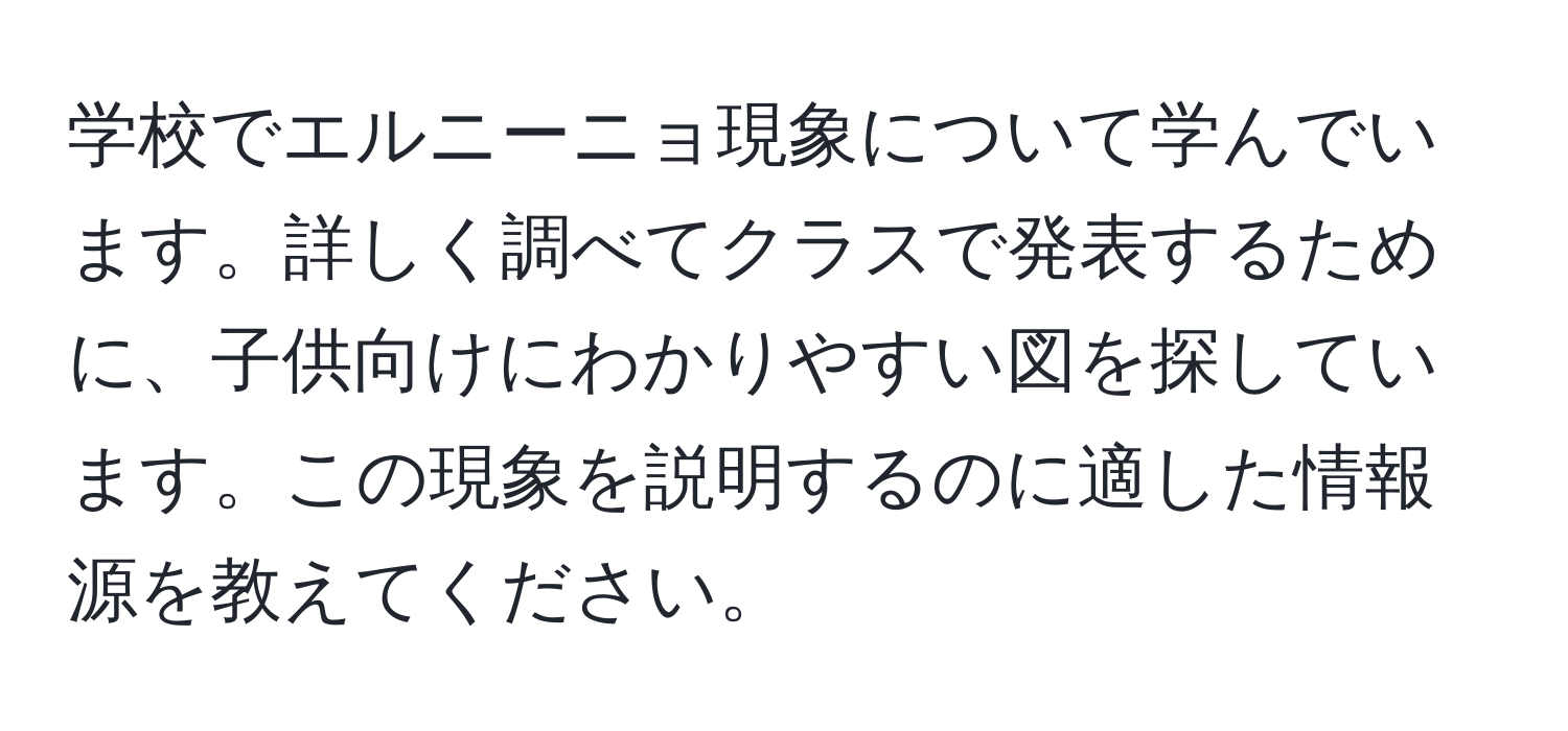 学校でエルニーニョ現象について学んでいます。詳しく調べてクラスで発表するために、子供向けにわかりやすい図を探しています。この現象を説明するのに適した情報源を教えてください。