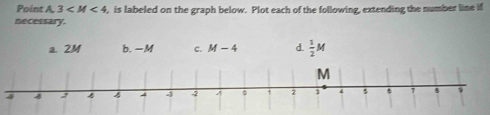 Point A, 3 , is labeled on the graph below. Plot each of the following, extending the number line if
necessary.
a. 2M b. -M C. M-4 d.  1/2 M
4