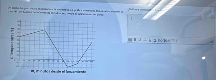 Un globo de gran altura es lanzado a la atmósfera. La gráfica muestra la temperatura exterior en ¿Cuál es el dominio de la función
t, en 'F , en función del número de minutos, m , desde el lanzamiento del globo..

6 Bノ ￥Σnorte €≡ 
#
x
50 Q N a 17 , 140 950
m, minutos desde el lanzamiento