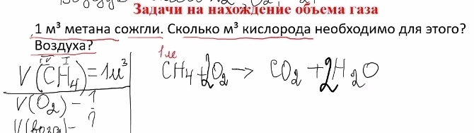 3адачи нa haхожление оовема гaза
1M^3 метана сожгли. Сколько M^3 Κислорοда необхοдимο для эτого? 
Boздуxа?