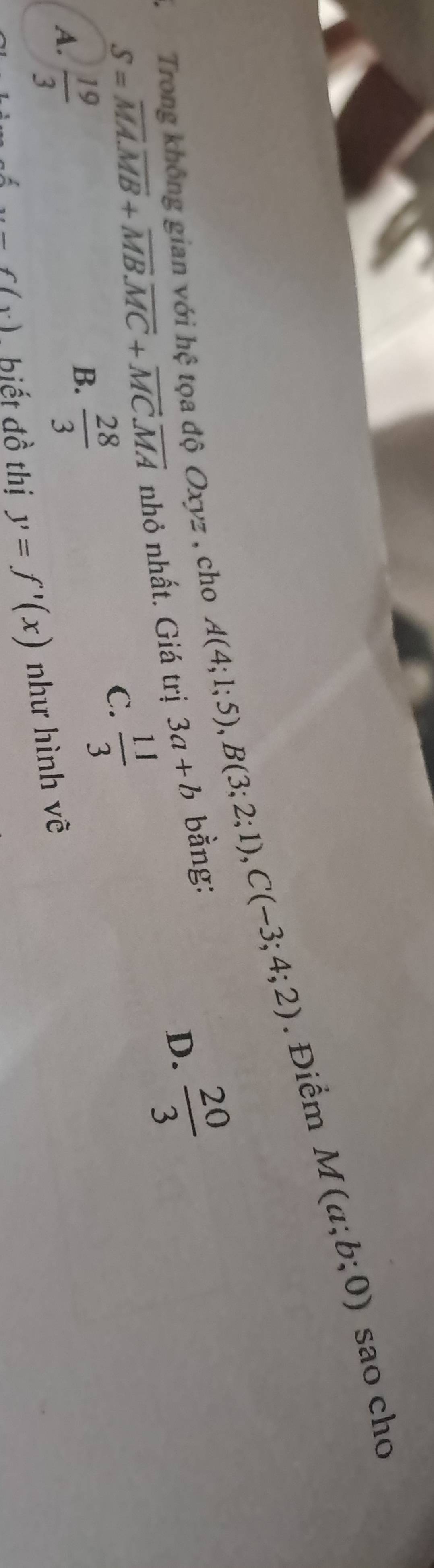 Trong không gian với hệ tọa độ Oxyz , cho
A(4;1;5), B(3;2;1), C(-3;4;2). Điểm M(a;b;0) sao cho
S=overline MA. overline MB+overline MB. overline MC+overline MC. overline MA nhỏ nhất. Giá trị 3a+b bằng:
D.  20/3 
C.  11/3 
A.  19/3 
B.  28/3 
x-f(x). biết đồ thị y=f'(x) như hình vẽ