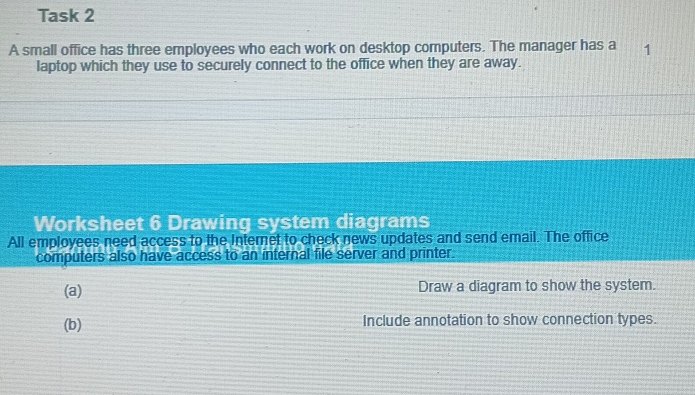 Task 2 
A small office has three employees who each work on desktop computers. The manager has a 1
laptop which they use to securely connect to the office when they are away. 
Worksheet 6 Drawing system diagrams 
All employees need access to the Internet to check news updates and send email. The office 
computers also have access to an internal file server and printer. 
(a) Draw a diagram to show the system. 
(b) Include annotation to show connection types.