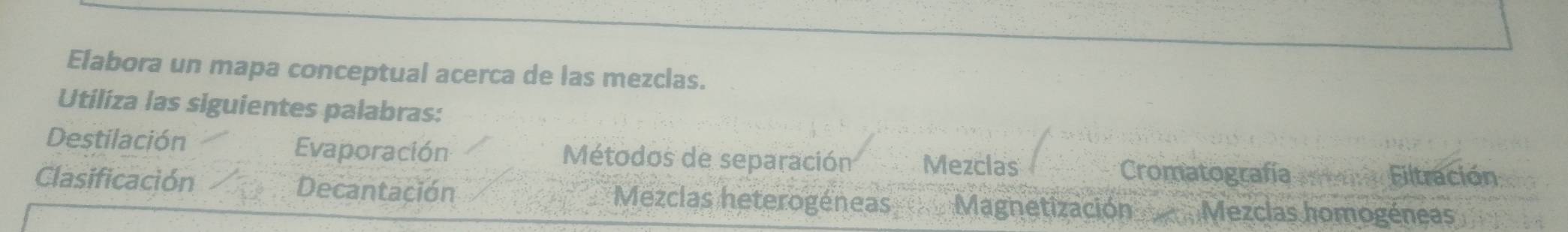 Elabora un mapa conceptual acerca de las mezclas.
Utiliza las siguientes palabras:
Destilación Evaporación Métodos de separación Mezclas Cromatografía a Filtración
Clasificación Decantación Mezclas heterogéneas Magnetización Mezclas homogéneas