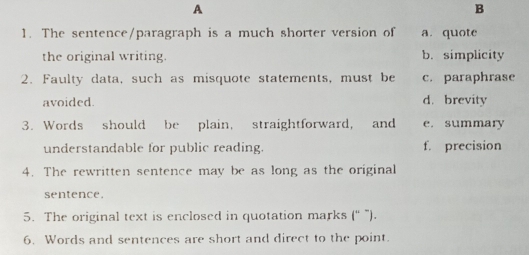 A
B
1. The sentence/paragraph is a much shorter version of a. quote
the original writing. b. simplicity
2. Faulty data, such as misquote statements, must be c. paraphrase
avoided. d. brevity
3. Words should be plain, straightforward, and e. summary
understandable for public reading. f. precision
4. The rewritten sentence may be as long as the original
sentence.
5. The original text is enclosed in quotation marks ('' ") .
6. Words and sentences are short and direct to the point.