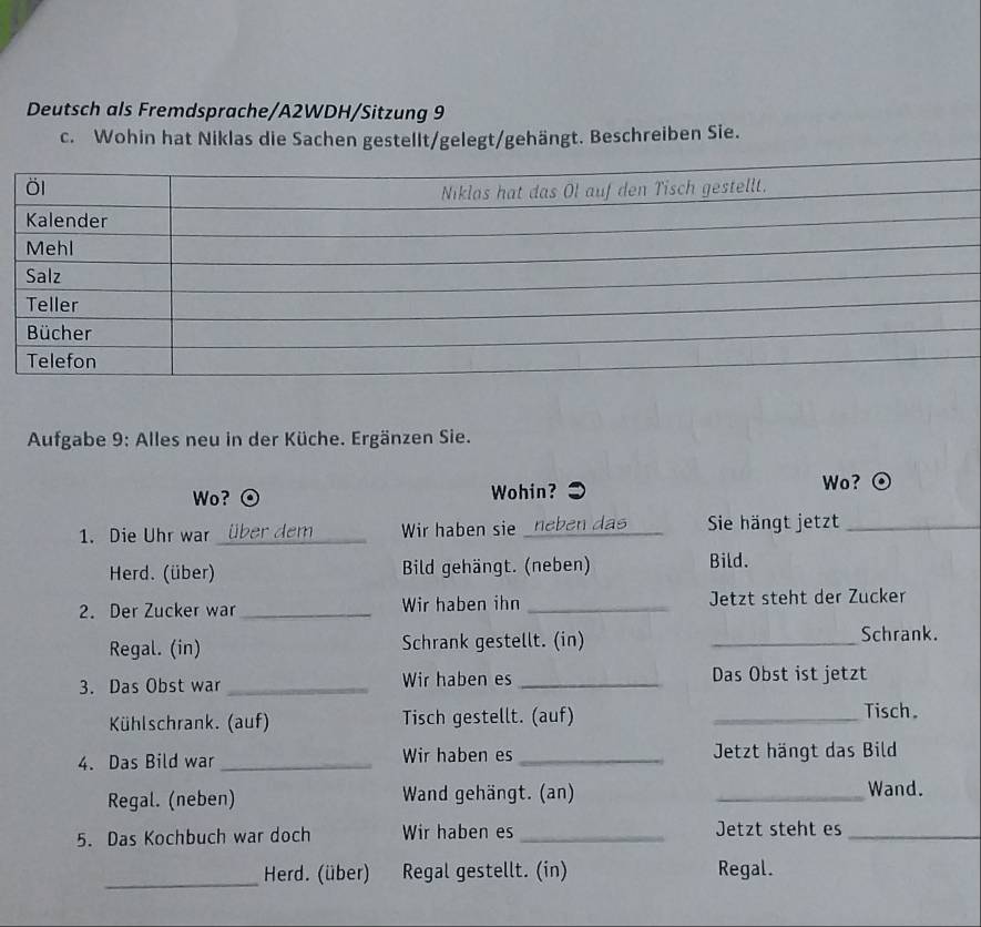 Deutsch als Fremdsprache/A2WDH/Sitzung 9 
c. Wohin hat Niklas die Sachen gestellt/gelegt/gehängt. Beschreiben Sie. 
Aufgabe 9: Alles neu in der Küche. Ergänzen Sie. 
Wo? Wohin? Wo? 
1. Die Uhr war über dem _Wir haben sie _neben das _Sie hängt jetzt_ 
Herd. (über) Bild gehängt. (neben) Bild. 
2. Der Zucker war _Wir haben ihn _Jetzt steht der Zucker 
Regal. (in) Schrank gestellt. (in) _Schrank. 
3. Das Obst war _Wir haben es _Das Obst ist jetzt 
Kühlschrank. (auf) Tisch gestellt. (auf) _Tisch. 
4. Das Bild war _Wir haben es _Jetzt hängt das Bild 
Regal. (neben) Wand gehängt. (an) _Wand. 
5. Das Kochbuch war doch Wir haben es _Jetzt steht es_ 
_ 
Herd. (über) Regal gestellt. (in) Regal.