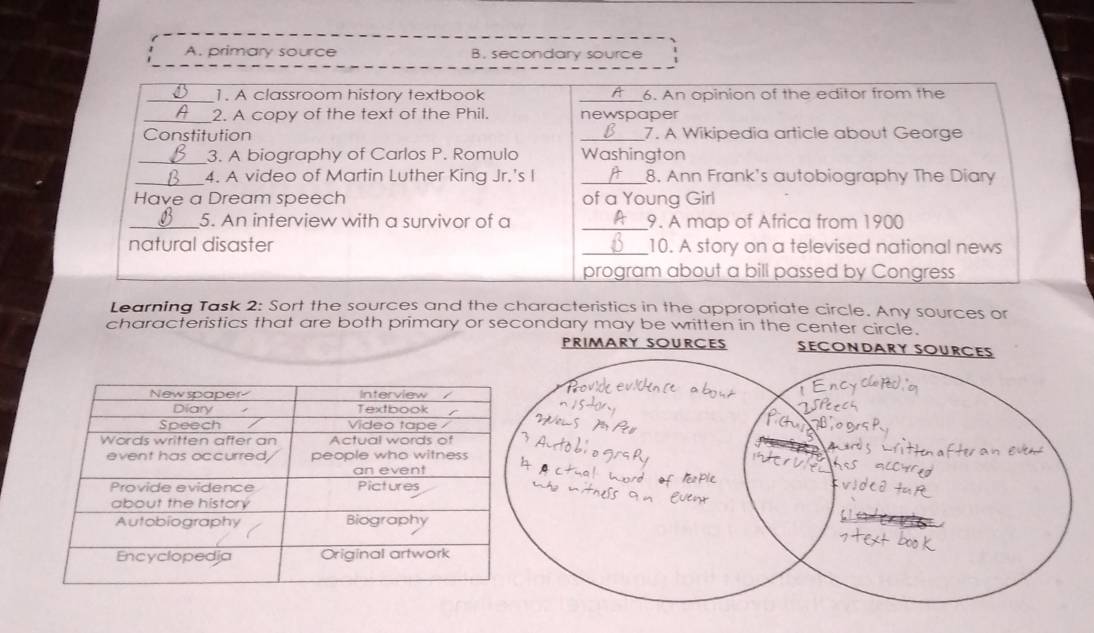 primary source B. secondary source 
Learning Task 2: Sort the sources and the characteristics in the appropriate circle. Any sources or 
characteristics that are both primary or secondary may be written in the center circle.