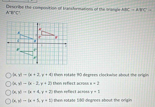 Describe the composition of transformations of the triangle ABCto A'B'C'to
A"B"C".
(x,y)to (x+2,y+4) then rotate 90 degrees clockwise about the origin
(x,y)to (x-2,y+2) then reflect across x=2
(x,y)to (x+4,y+2) then reflect across y=1
(x,y)to (x+5,y+1) then rotate 180 degrees about the origin