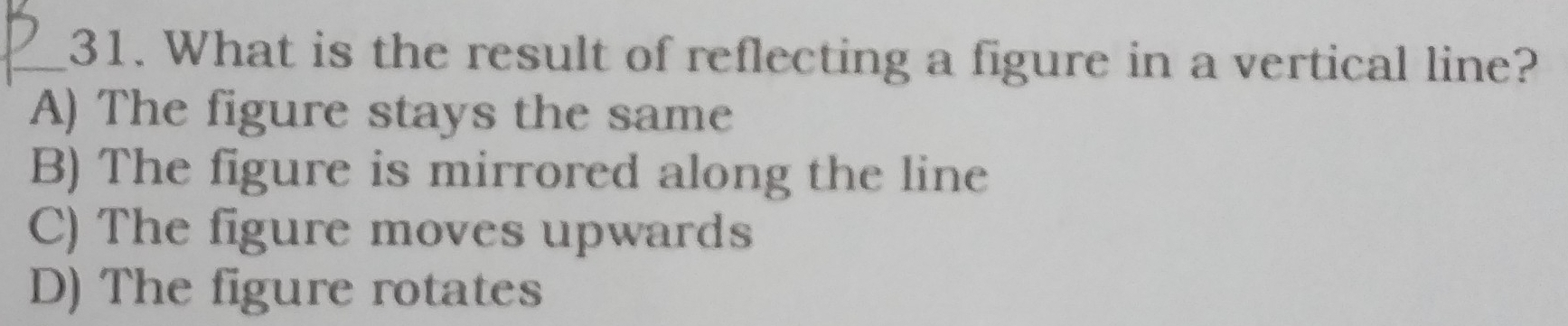 What is the result of reflecting a figure in a vertical line?
A) The figure stays the same
B) The figure is mirrored along the line
C) The figure moves upwards
D) The figure rotates