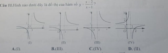 Câu 11.Hình nào dưới đây là đồ thị của hàm số y= (x-2)/x-1  ?
(III) (IV)
A.(1). B.(III). C.(IV). D. (ll).