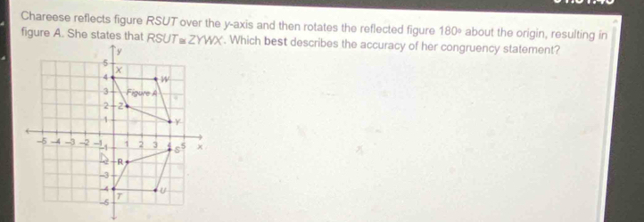 Chareese reflects figure RSUT over the y-axis and then rotates the reflected figure 180° about the origin, resulting in
figure A. She states that . Which best describes the accuracy of her congruency statement?