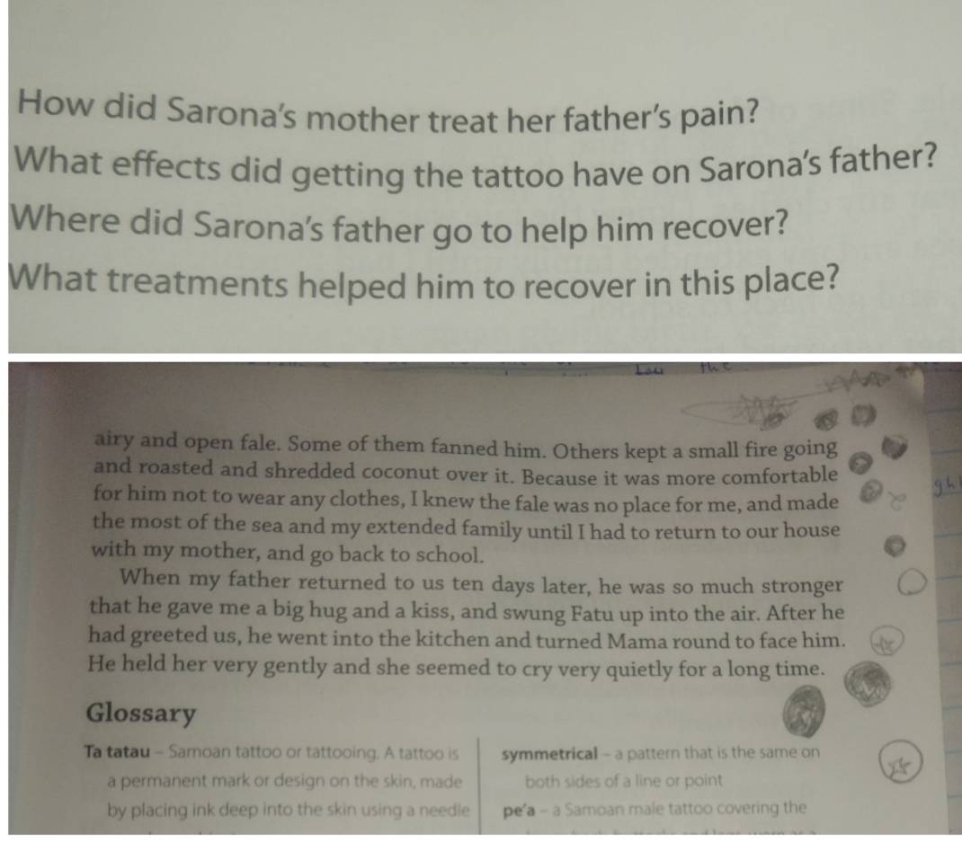 How did Sarona's mother treat her father’s pain?
What effects did getting the tattoo have on Sarona's father?
Where did Sarona's father go to help him recover?
What treatments helped him to recover in this place?
the
airy and open fale. Some of them fanned him. Others kept a small fire going
and roasted and shredded coconut over it. Because it was more comfortable
for him not to wear any clothes, I knew the fale was no place for me, and made
the most of the sea and my extended family until I had to return to our house
with my mother, and go back to school.
When my father returned to us ten days later, he was so much stronger
that he gave me a big hug and a kiss, and swung Fatu up into the air. After he
had greeted us, he went into the kitchen and turned Mama round to face him.
He held her very gently and she seemed to cry very quietly for a long time.
Glossary
Ta tatau - Samoan tattoo or tattooing. A tattoo is symmetrical - a pattern that is the same on
a permanent mark or design on the skin, made both sides of a line or point
by placing ink deep into the skin using a needle pe’a - a Samoan male tattoo covering the