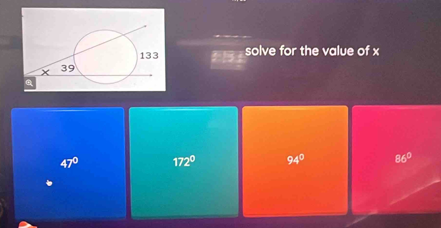 solve for the value of x
47°
172°
94°
86°