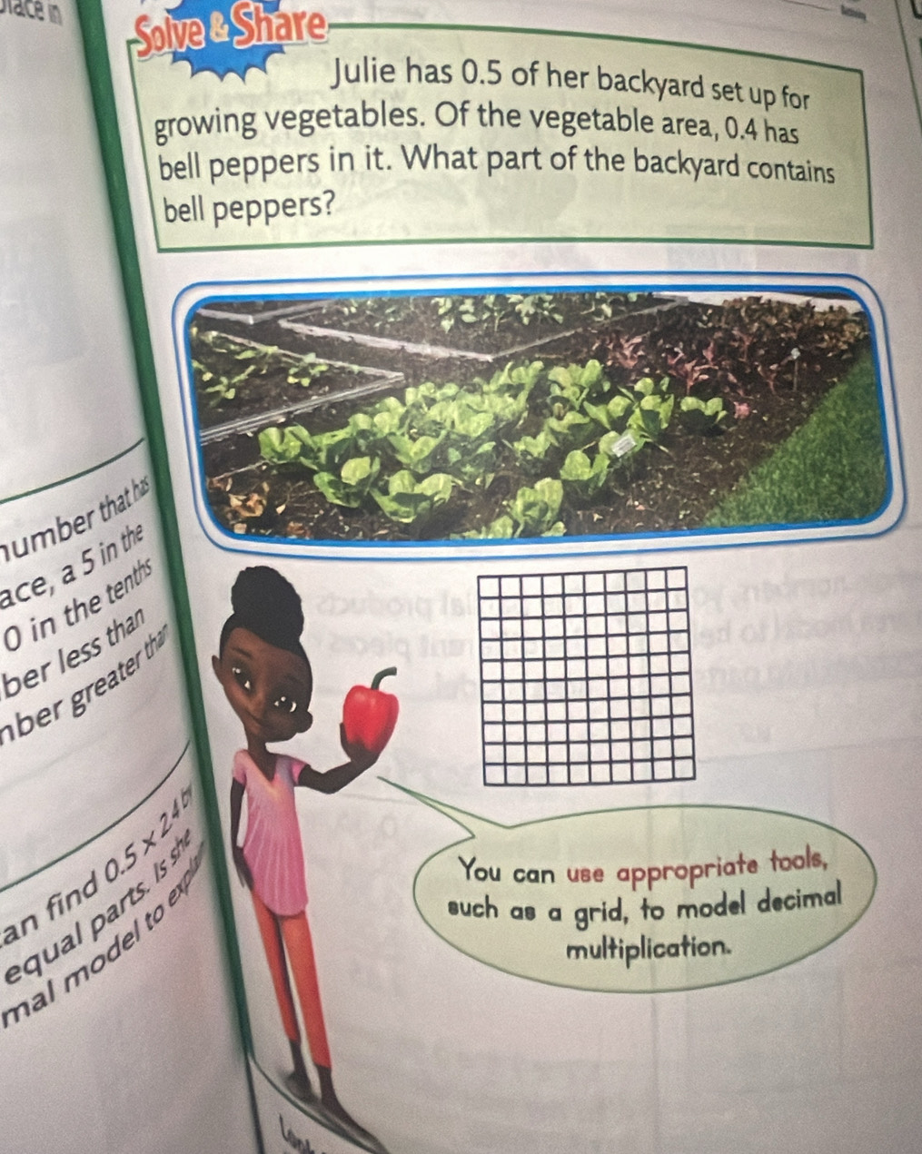 prace in Solve & Share
Julie has 0.5 of her backyard set up for
growing vegetables. Of the vegetable area, 0.4 has
bell peppers in it. What part of the backyard contains
bell peppers?
umbe
ace, a 
0 in th
ber les
   
an fin
u  
hal m