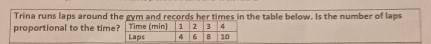 Trina runs laps around the gym and records her times in the table below. Is the number of laps 
proportional to the time